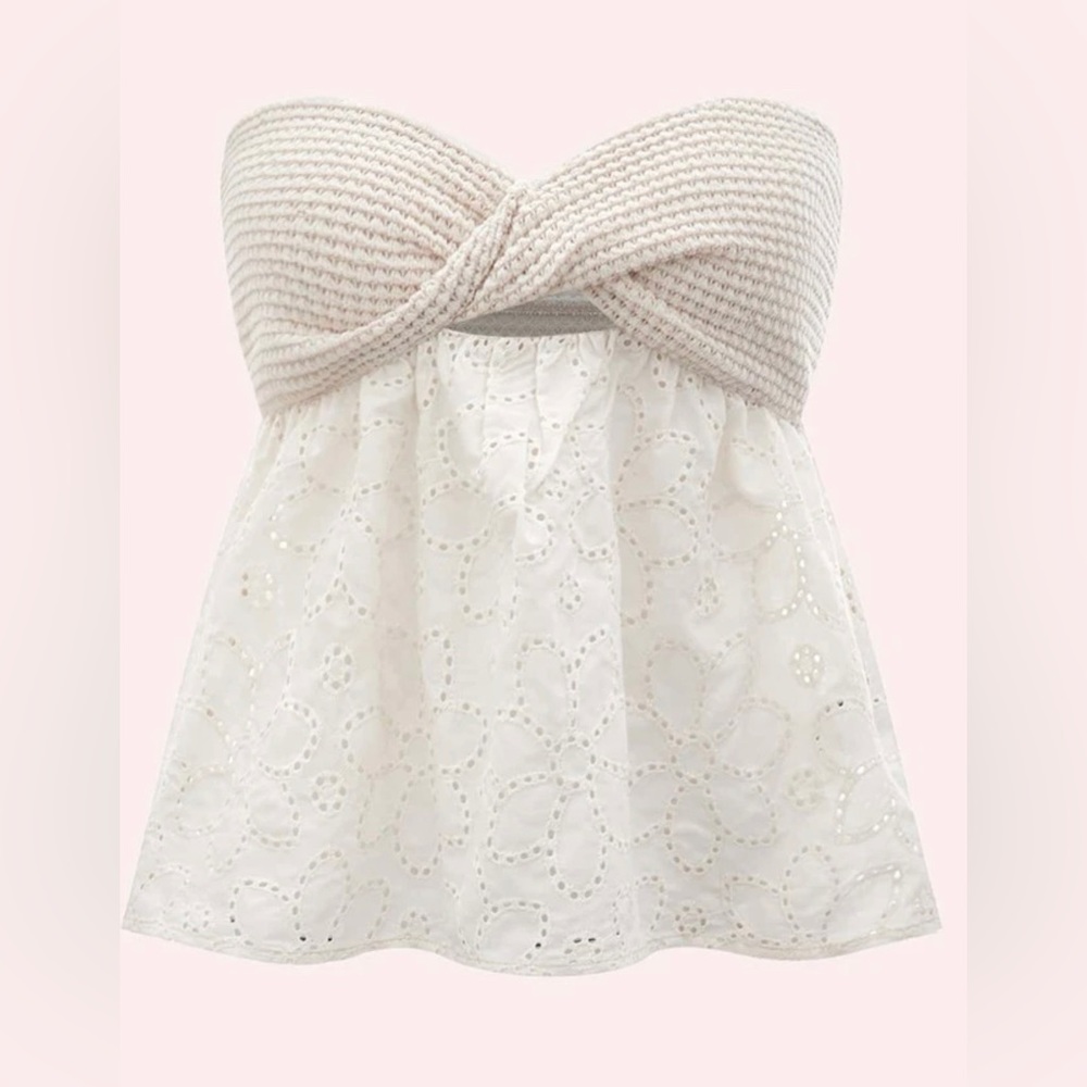 Crochet and eyelet embroidery twist front tube top